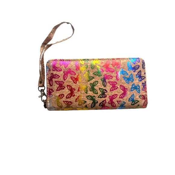 Tan & Multicolored Butterfly Print Cork Zip Around Wallet/ Wristlet - Picture 2 of 6